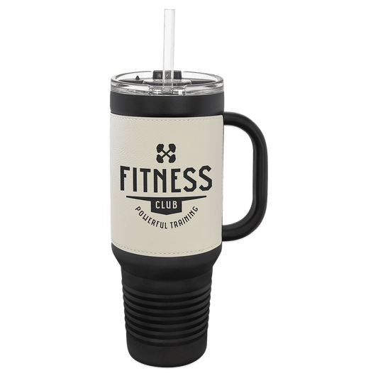 Polar Camel 40 oz. Black with White Laserable Leatherette Travel Mug with  a Handle, Straw Included (Sold by Case of 12)
