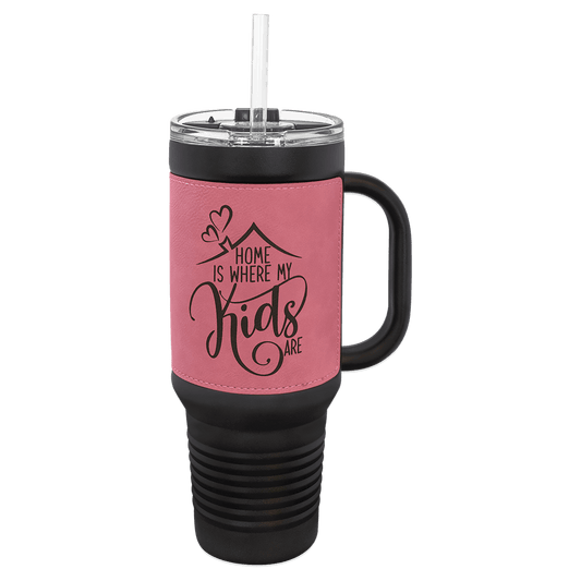 Polar Camel 40 oz. Black with Pink Laserable Leatherette Travel Mug with a Handle, Straw Included (Sold by Case of 12)