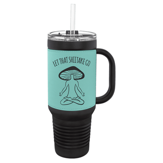 Polar Camel 40 oz. Black with Teal Laserable Leatherette Travel Mug with a Handle, Straw Included (Sold by Case of 12)