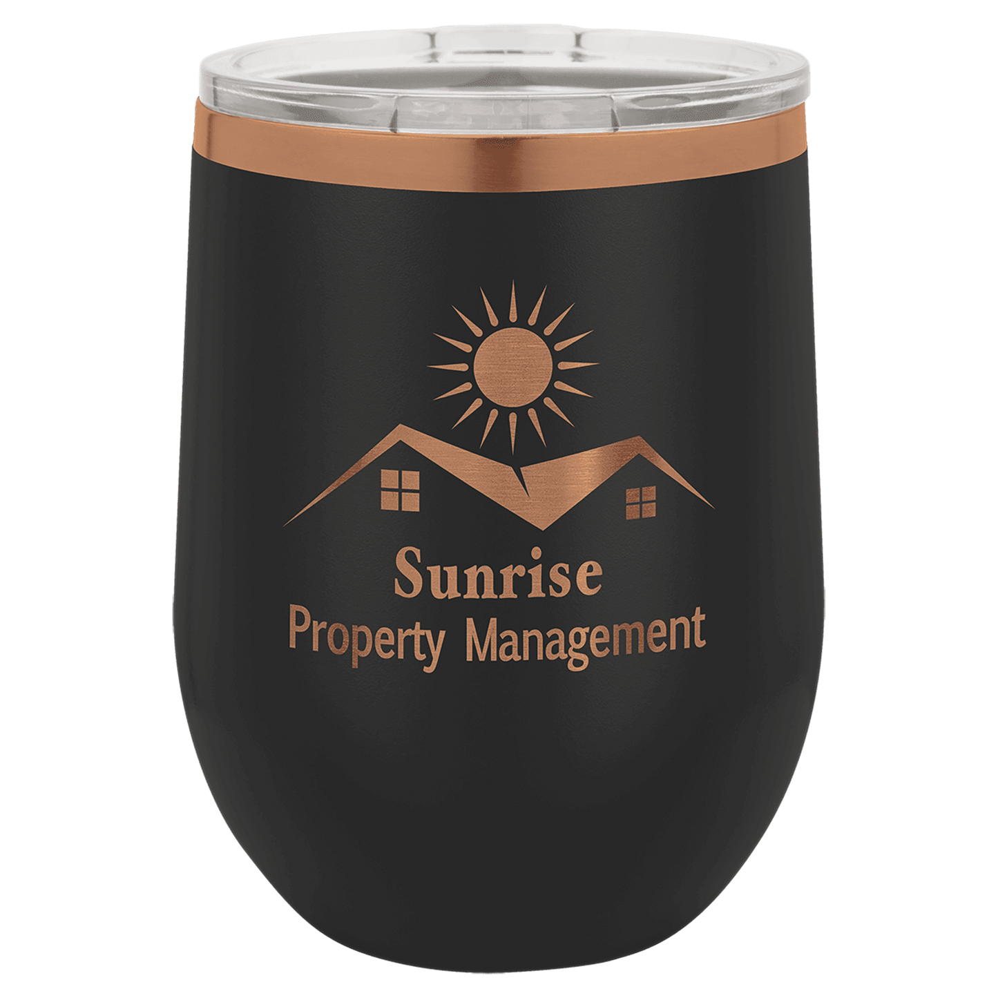 Polar Camel 12 oz. Black/Rose Gold ION-Plated Stemless Wine Tumbler with Lid (Sold by Case of 24)