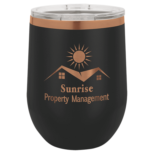 Polar Camel 12 oz. Black/Rose Gold ION-Plated Stemless Wine Tumbler with Lid (Sold by Case of 24)