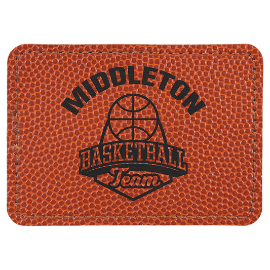 3 1/2" x 2 1/2" Rectangle Basketball Laserable Leatherette Patch with Adhesive (Sold by Case of 25)