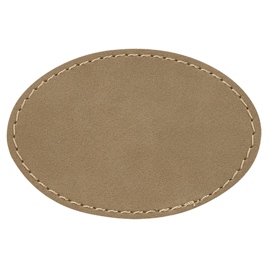 3" x 2" Oval Light Brown Laserable Leatherette Patch with Kota Pro Adhesive (Sold by Case of 25)