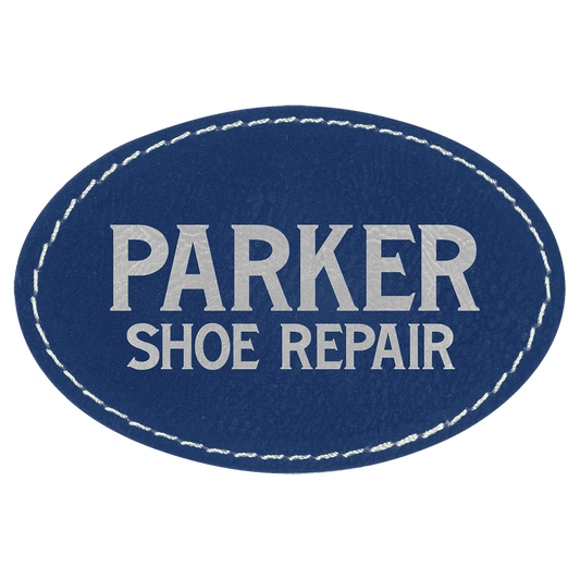 3" x 2" Oval Blue/Silver Laserable Leatherette Patch with Kota Pro Adhesive (Sold by Case of 25)