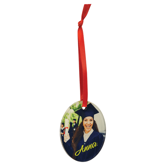 2 1/4" x 3" Oval Sublimatable Acrylic Ornament with Red Ribbon (Sold by Case of 10)