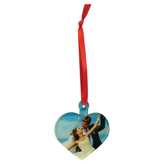 3" Heart Sublimatable Acrylic Ornament with Red Ribbon (Sold by Case of 10)