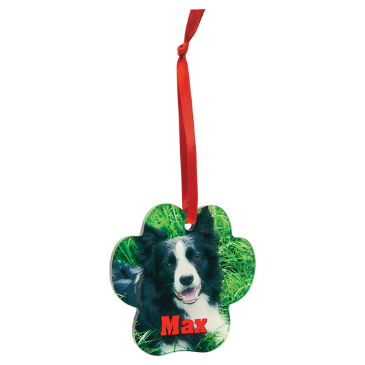 3 3/4" x 3 1/2" Paw Sublimatable Acrylic Ornament with Red Ribbon (Sold by Case of 10)