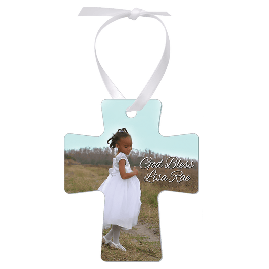 3" x 3.5" Gloss White Unisub Aluminum Cross Ornament, 2-Side w/White Ribbon (Sold by Case of 50)