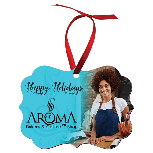4" x 2.75" Gloss White Unisub Hardboard Benelux Ornament, 2-Sided w/Red Ribbon (Sold by Case of 25)
