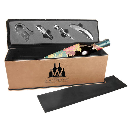 Light Brown Laserable Leatherette Single Wine Box with Tools (Sold by Case of 2)