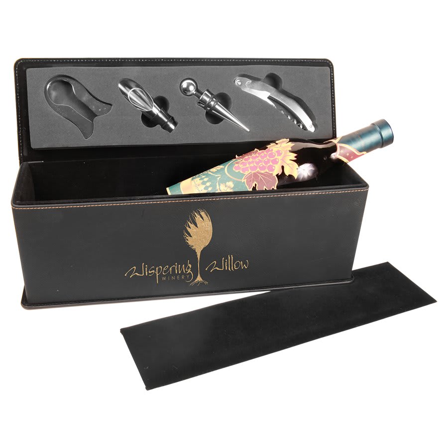 Black/Gold Laserable Leatherette Single Wine Box with Tools (Sold by Case of 2)