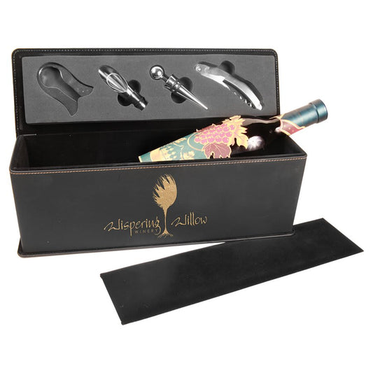 Black/Gold Laserable Leatherette Single Wine Box with Tools (Sold by Case of 2)