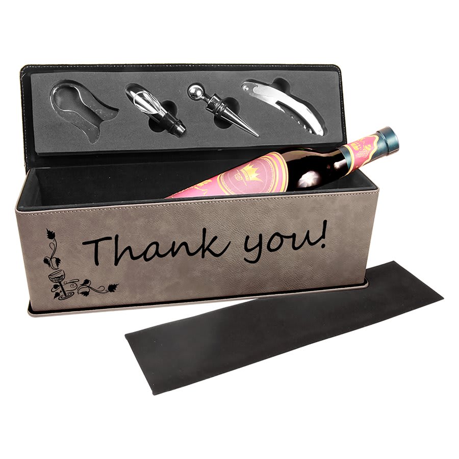 Gray Laserable Leatherette Single Wine Box with Tools (Sold by Case of 2)