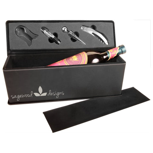 Black/Silver Laserable Leatherette Single Wine Box with Tools (Sold by Case of 2)