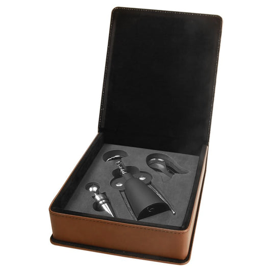 Dark Brown Laserable Leatherette 3-Piece Wine Tool Gift Set (Sold by Case of 6)