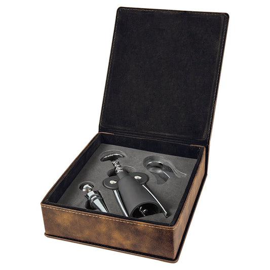 Rustic/Gold Laserable Leatherette 3-Piece Wine Tool Gift Set (Sold by Case of 6)