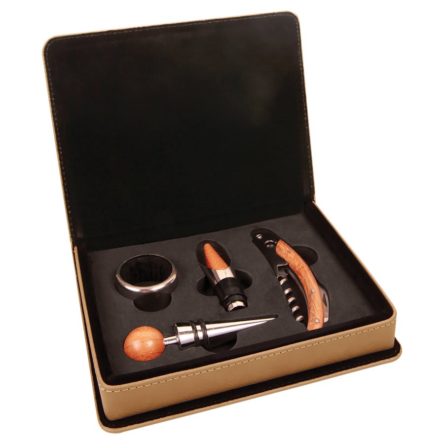 Light Brown Laserable Leatherette 4-Piece Wine Tool Set (Sold by Case of 6)
