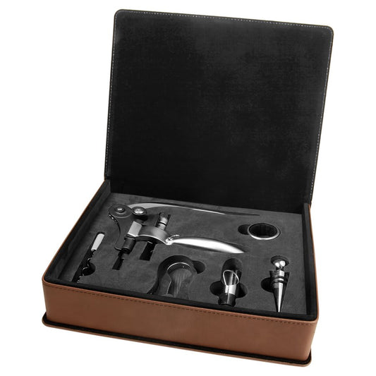 Dark Brown Laserable Leatherette 5-Piece Wine Tool Gift Set (Sold by Case of 6)