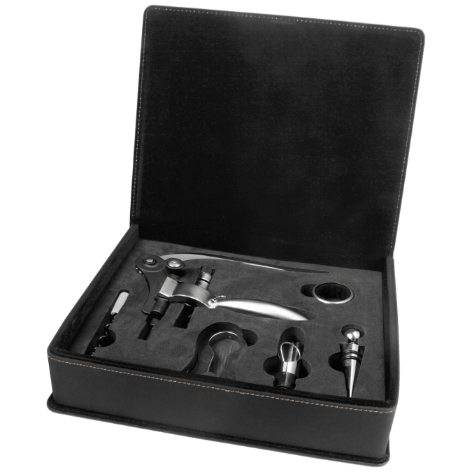 Black/Gold Laserable Leatherette 5-Piece Wine Tool Gift Set (Sold by Case of 6)